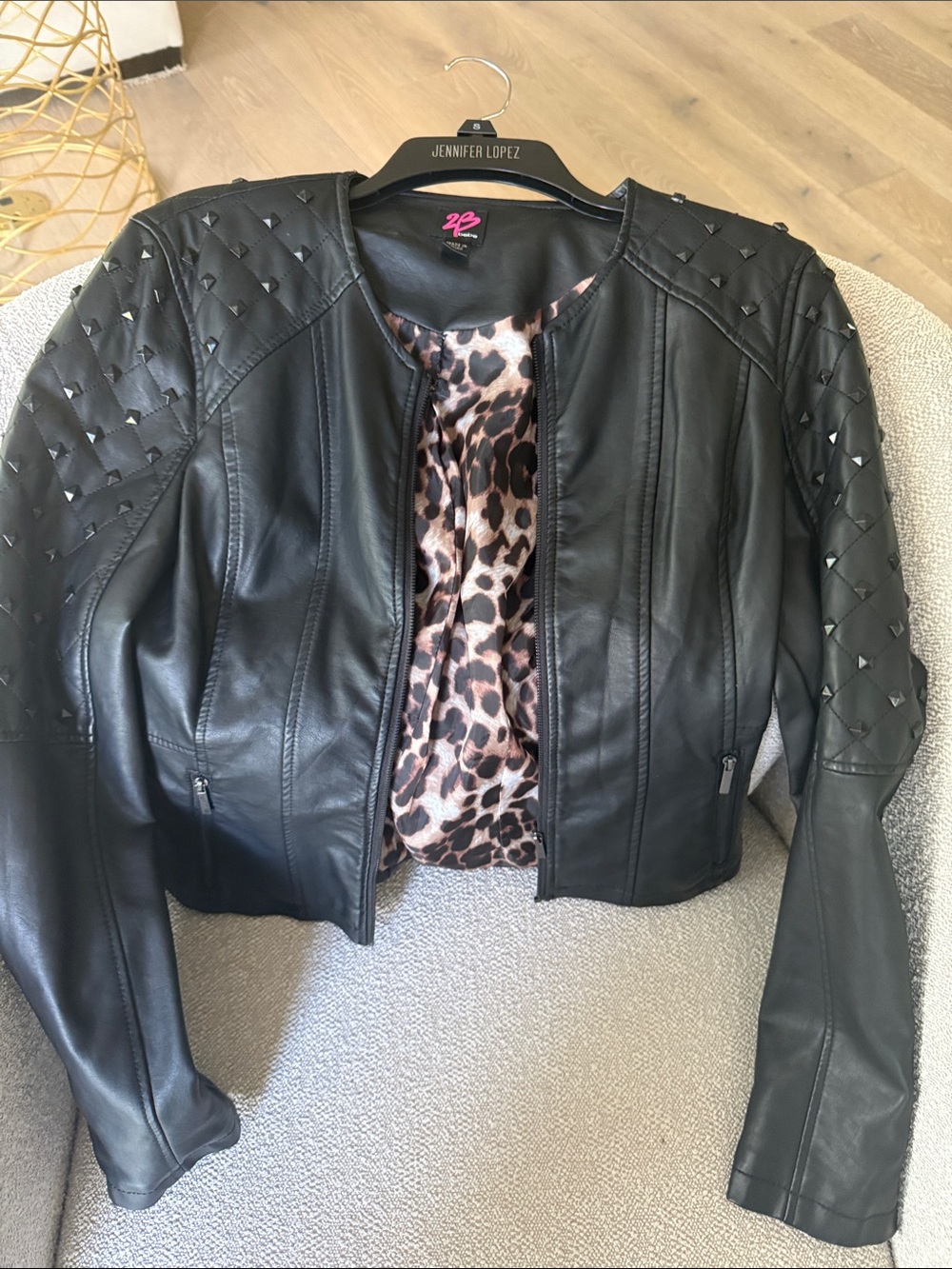 2B Bebe Black Faux Leather Studded Jacket with Leopard Lining